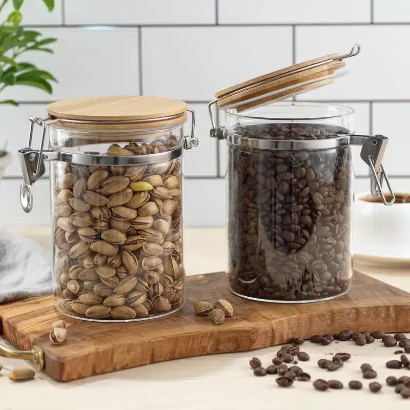 glazen potten met bamboedeksels